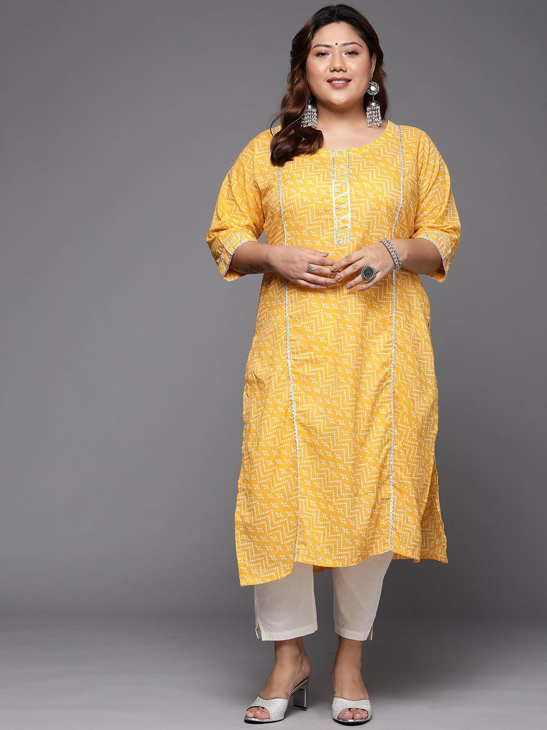 Plus Size Yellow Printed Cotton Straight Kurta - ShopLibas