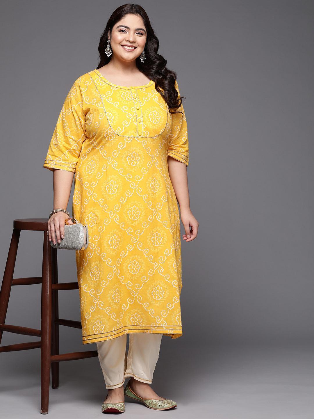 Plus Size Yellow Printed Cotton Straight Kurta - ShopLibas 