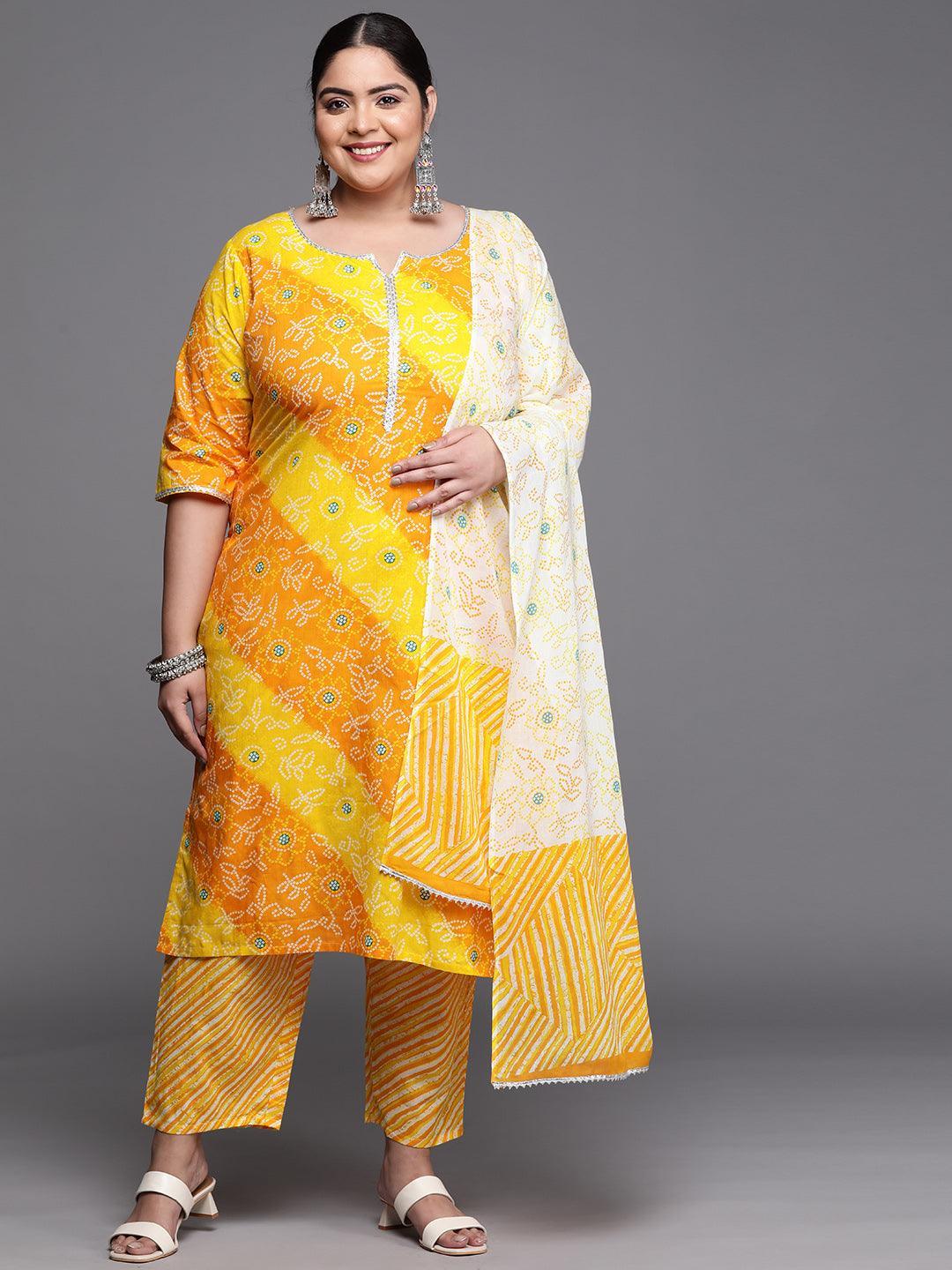 Plus Size Yellow Printed Cotton Suit Set - ShopLibas 