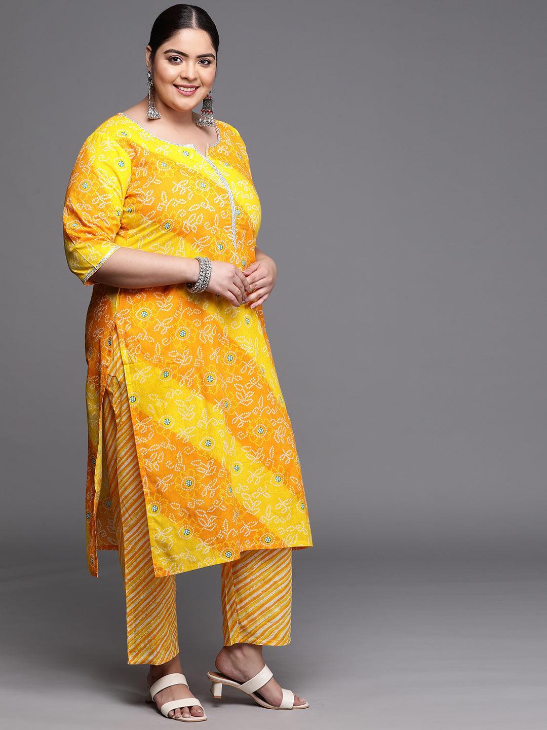 Plus Size Yellow Printed Cotton Suit Set - ShopLibas 