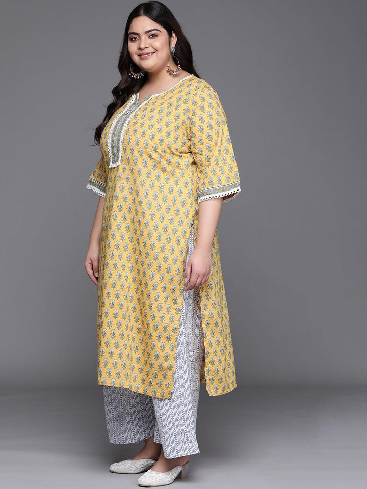 Plus Size Yellow Printed Cotton Straight Kurta With Palazzos & Dupatta