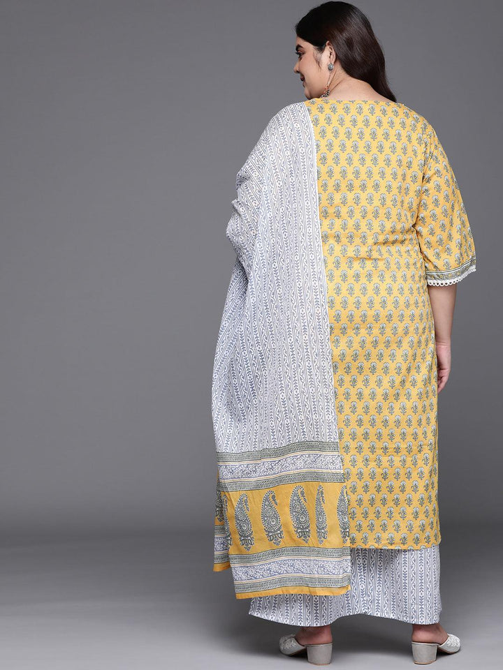 Plus Size Yellow Printed Cotton Straight Kurta With Palazzos & Dupatta