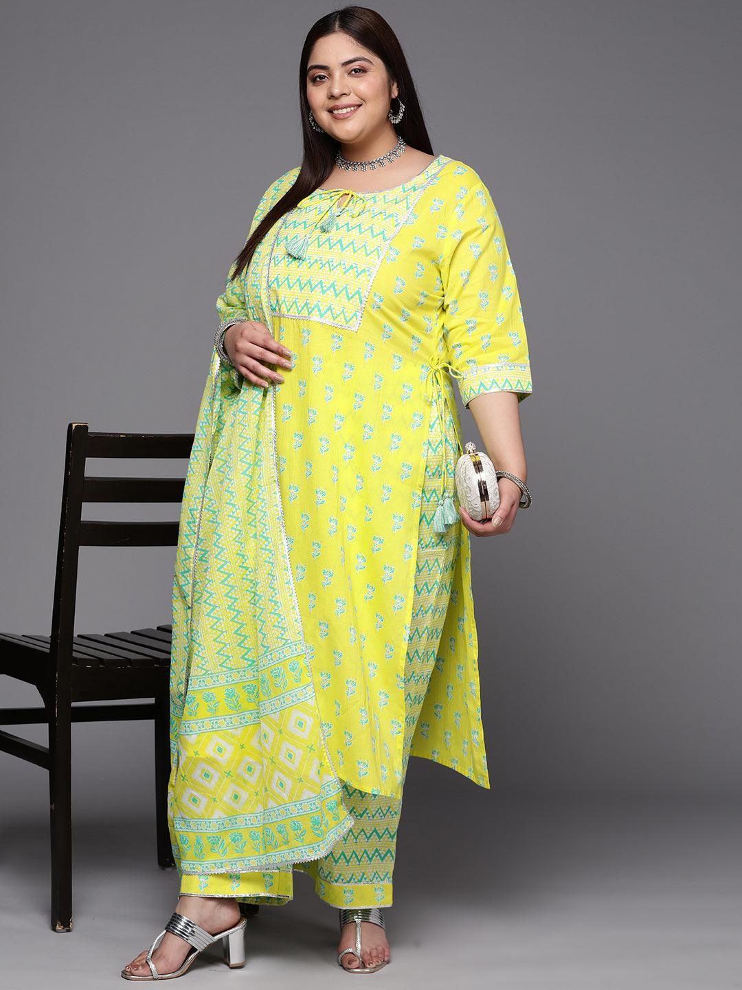 Plus Size Yellow Printed Cotton Suit Set With Trousers - ShopLibas 