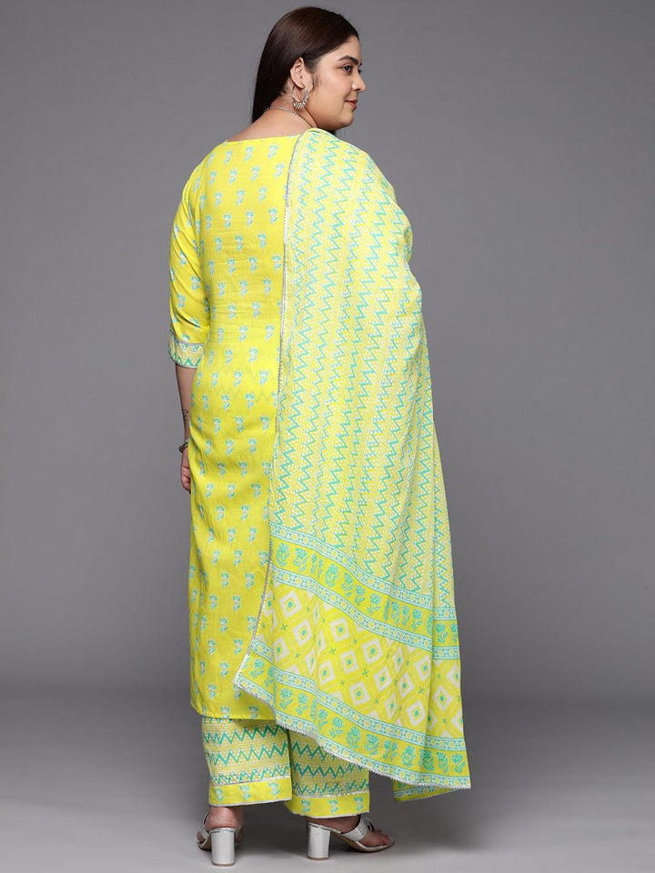 Plus Size Yellow Printed Cotton Suit Set With Trousers