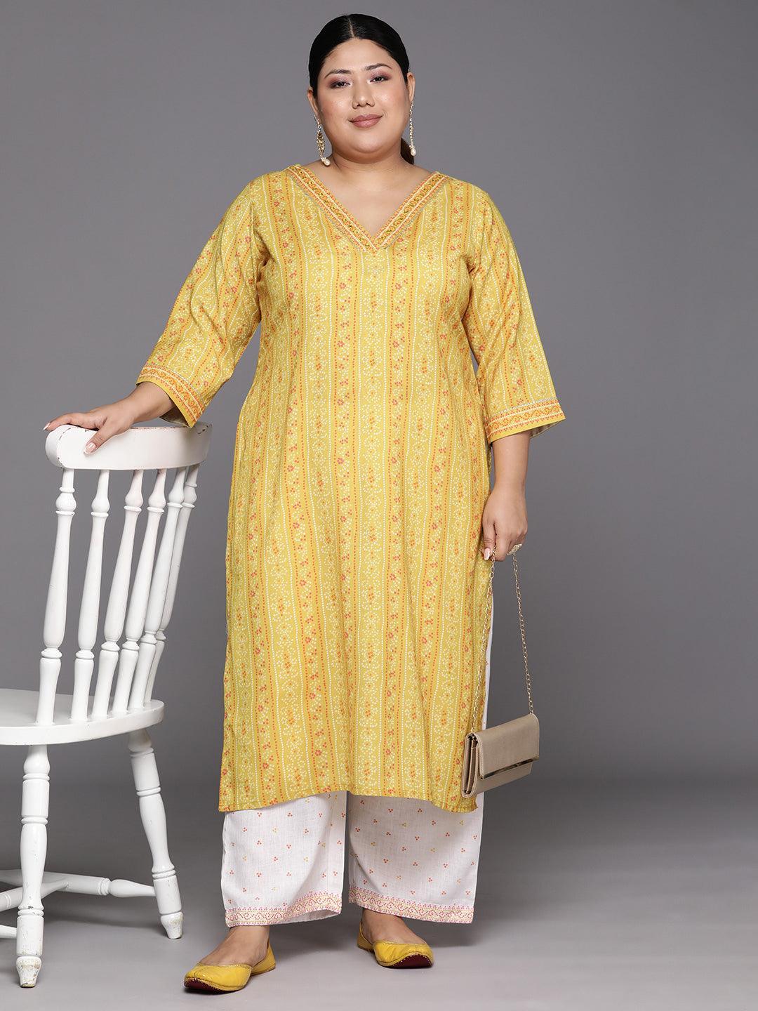 Plus Size Yellow Printed Cotton Blend Straight Kurta Set - Libas 