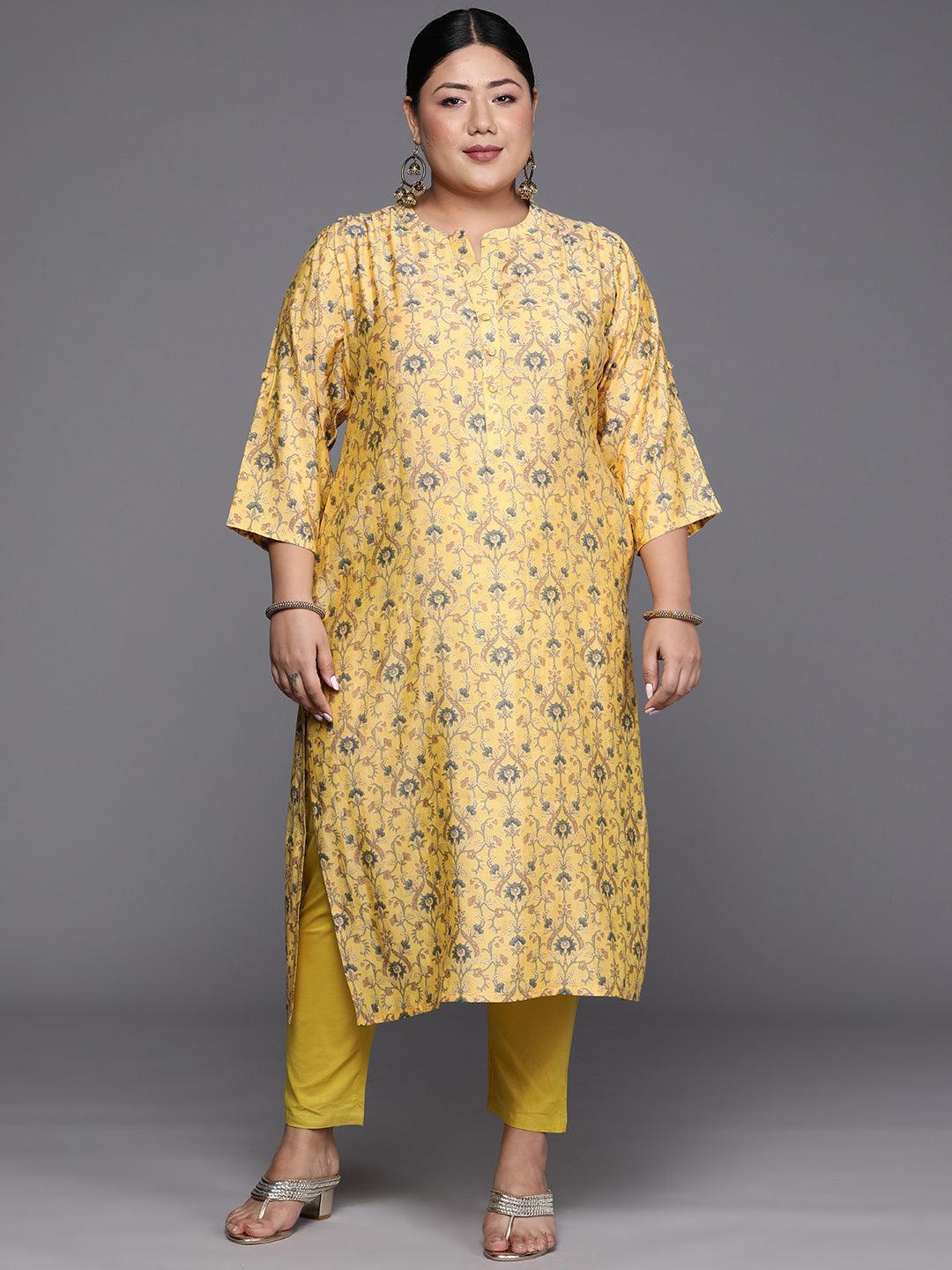 Plus Size Yellow Printed Silk Straight Kurta - ShopLibas