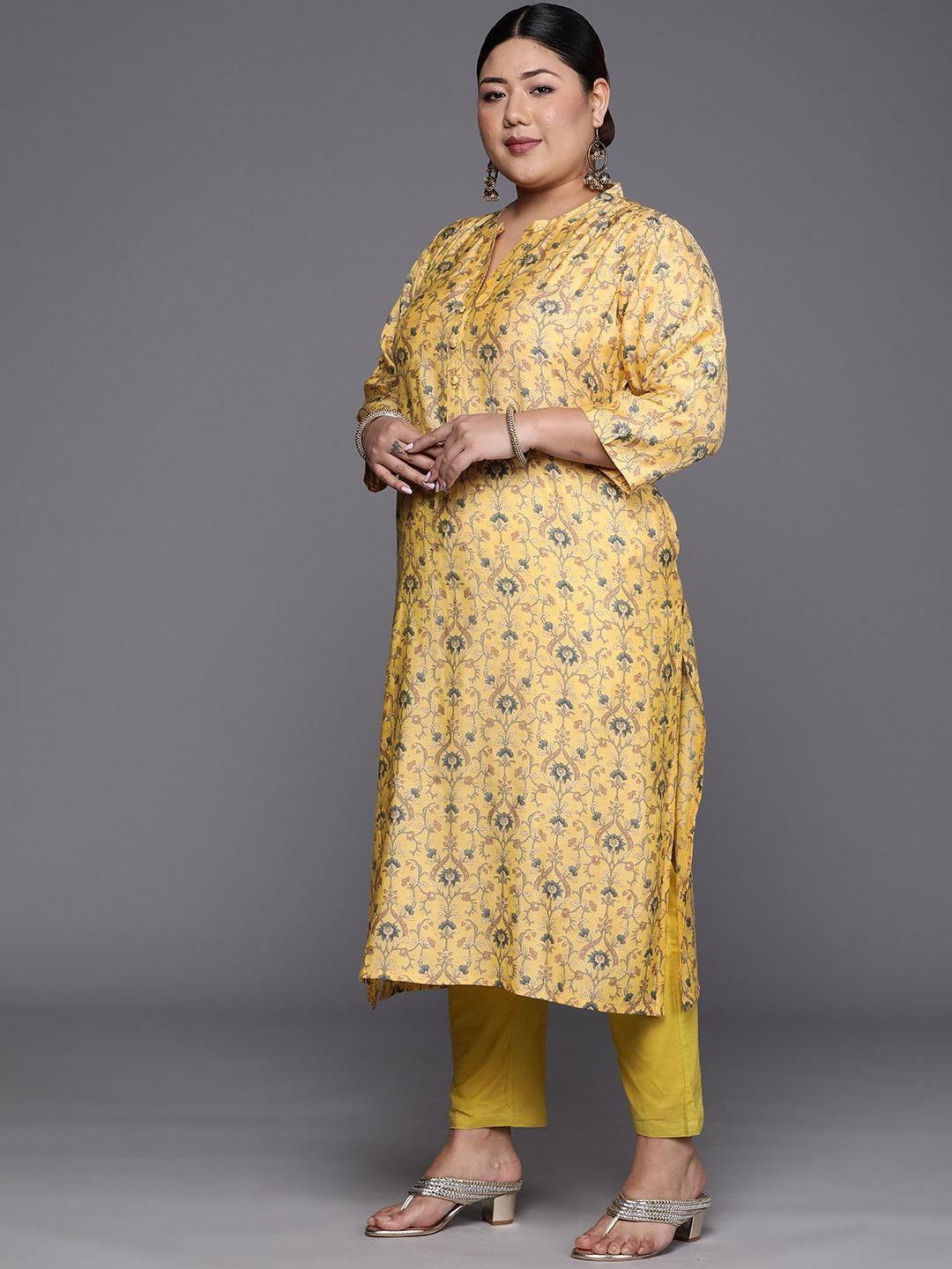 Plus Size Yellow Printed Silk Straight Kurta - ShopLibas 