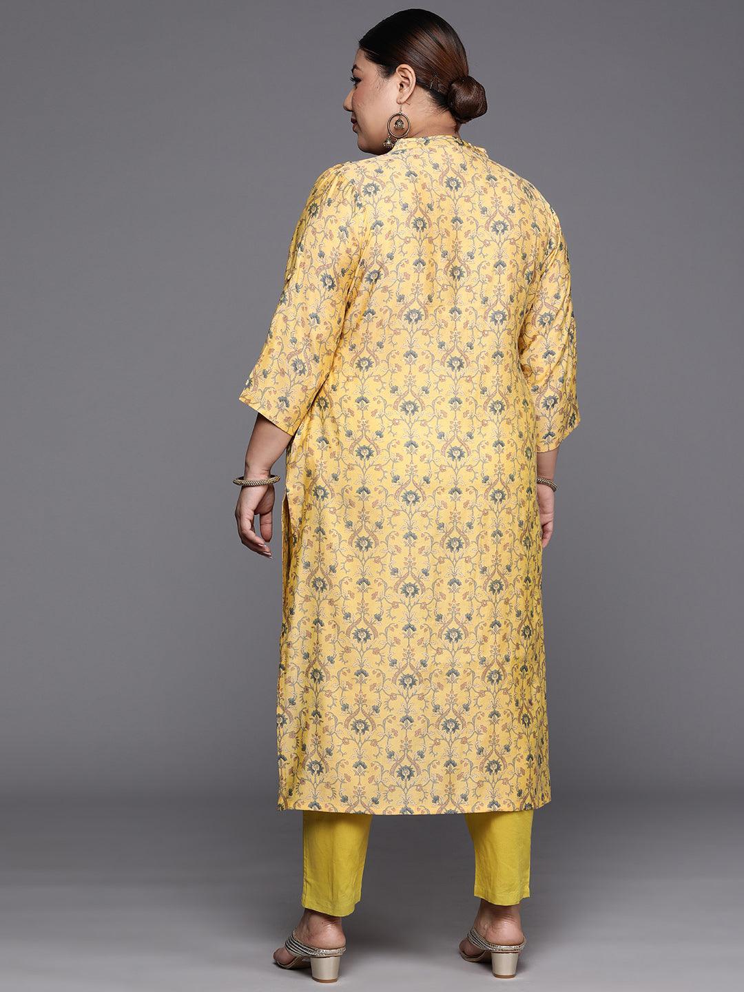 Plus Size Yellow Printed Silk Straight Kurta - ShopLibas 