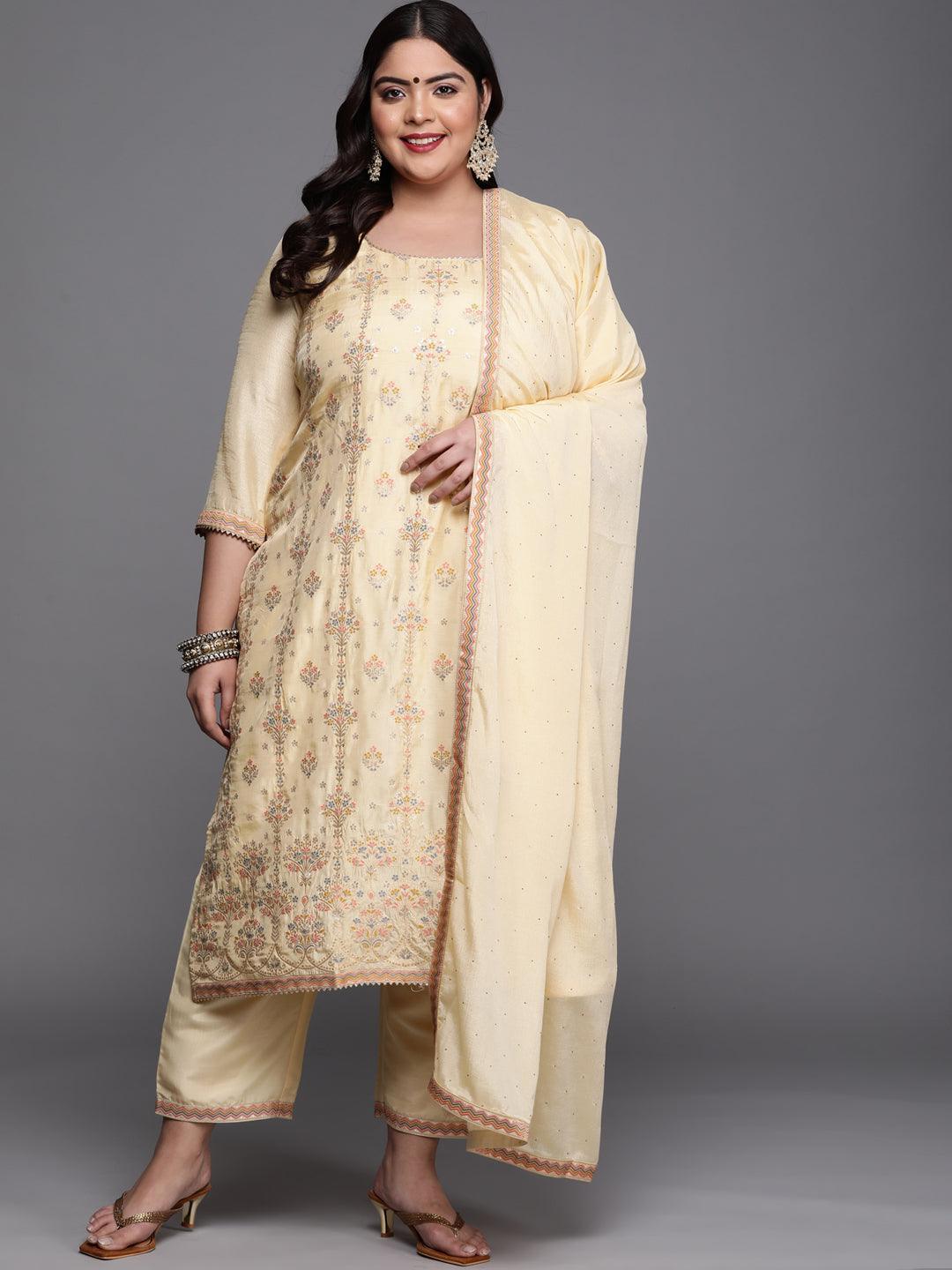 Plus Size Yellow Woven Design Silk Blend Suit Set - ShopLibas