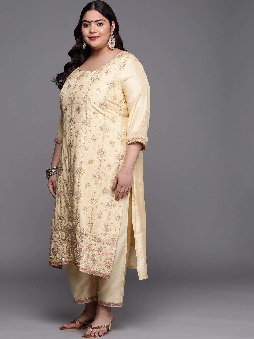 Plus Size Yellow Woven Design Silk Blend Suit Set - ShopLibas 