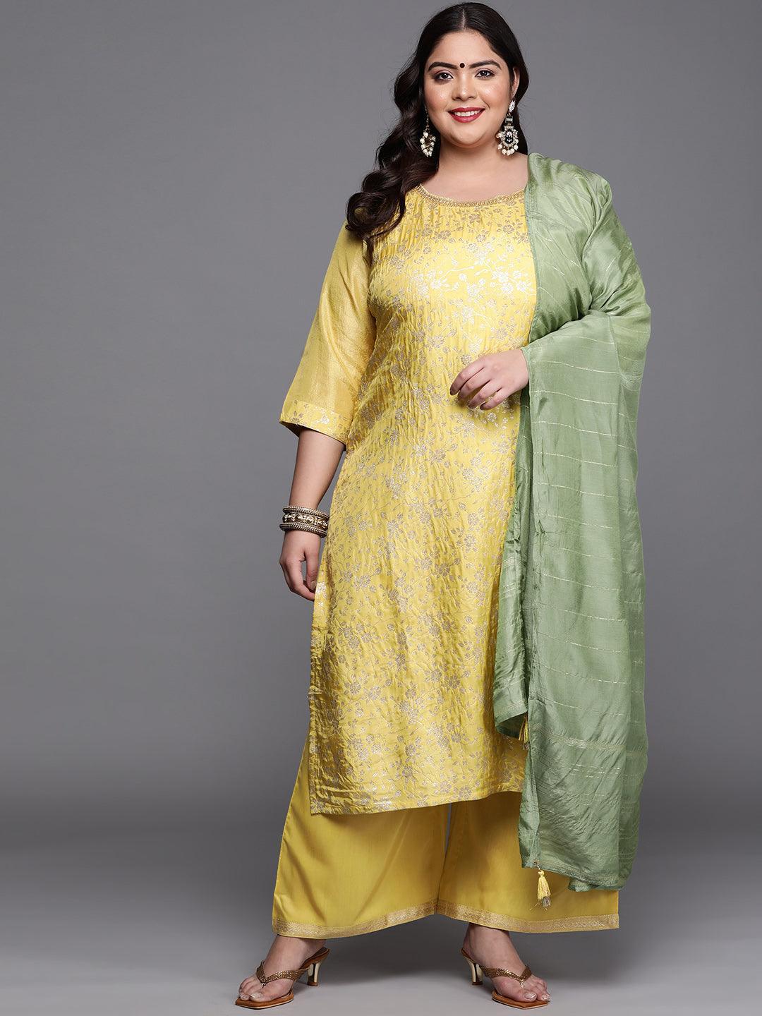 Plus Size Yellow Woven Design Silk Blend Suit Set - ShopLibas