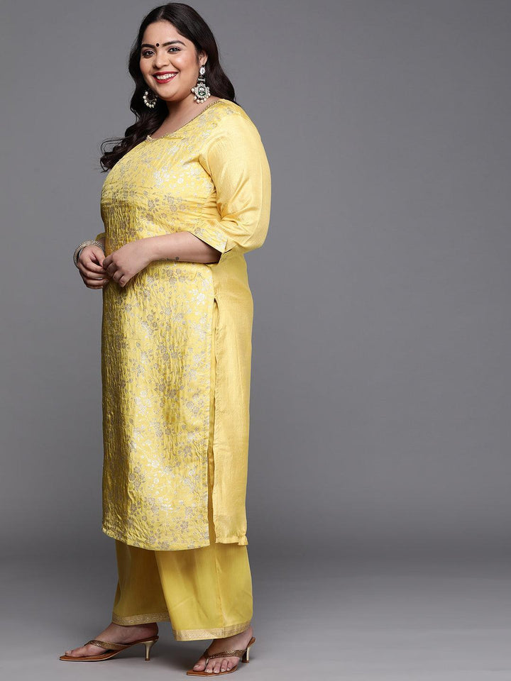 Plus Size Yellow Woven Design Silk Blend Suit Set