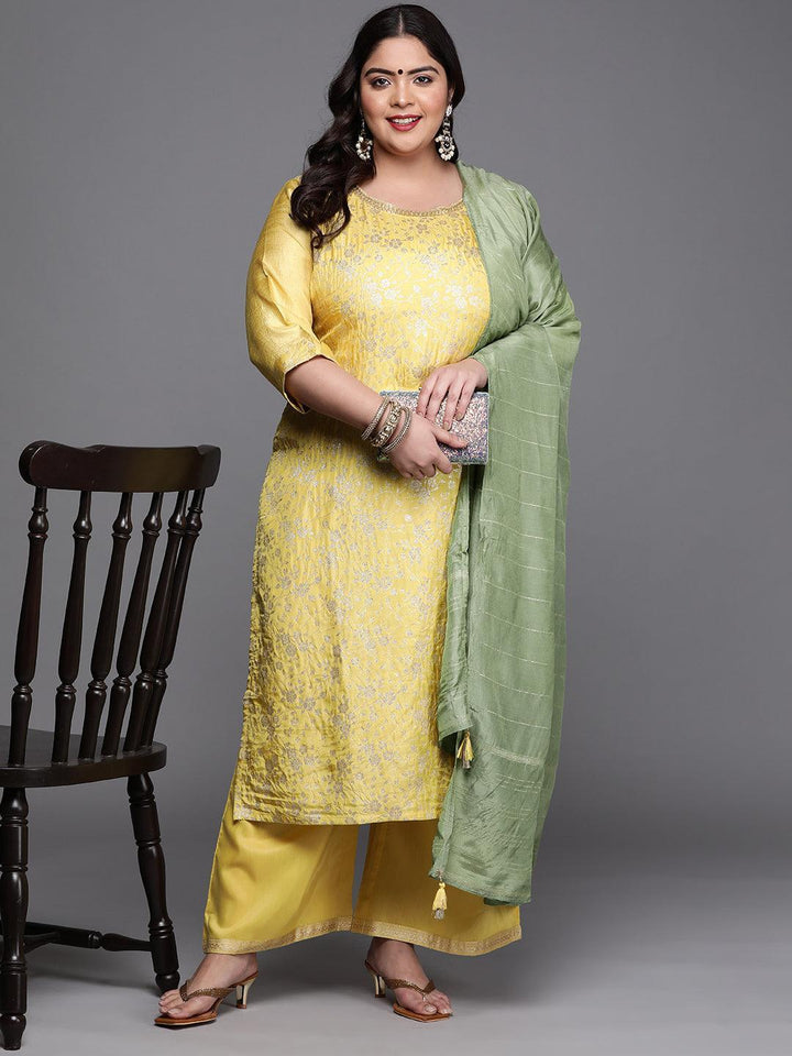 Plus Size Yellow Woven Design Silk Blend Suit Set