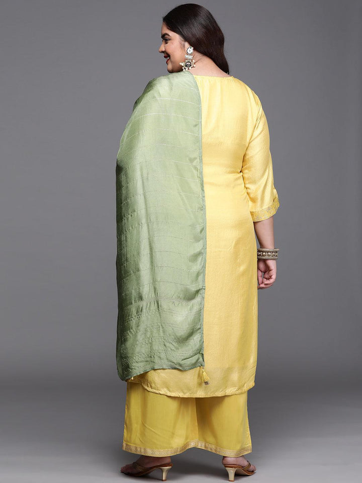 Plus Size Yellow Woven Design Silk Blend Suit Set
