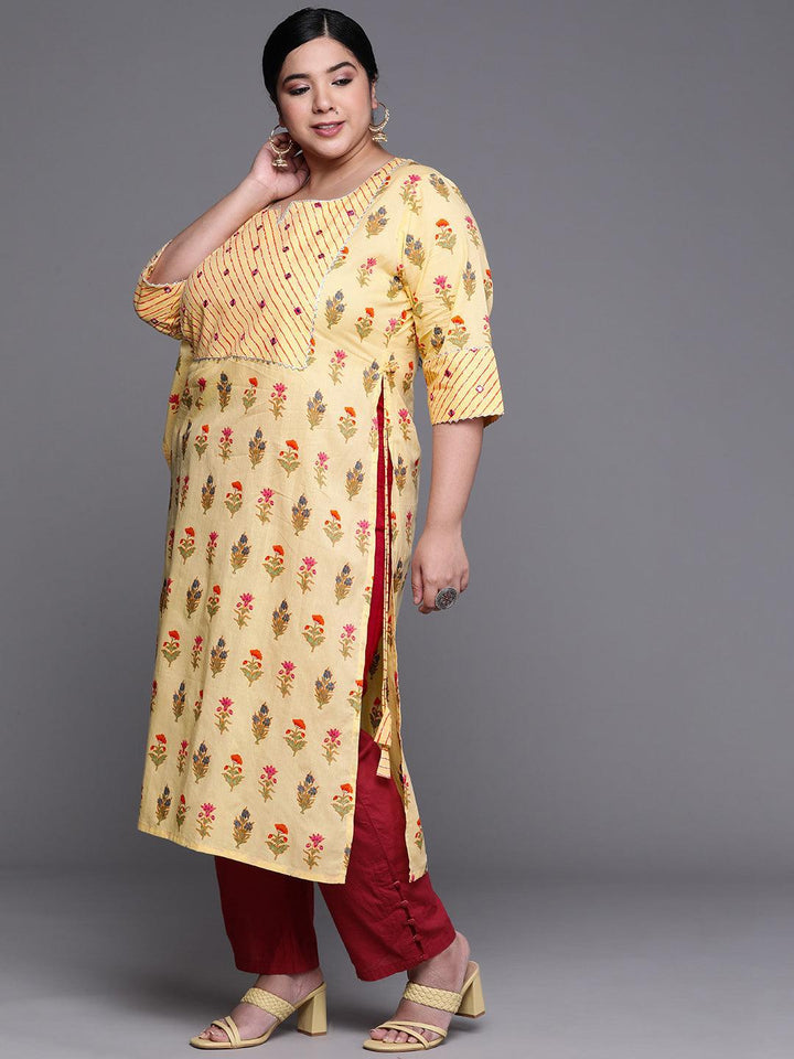 Plus Size Yellow Yoke Design Cotton Kurta - Libas