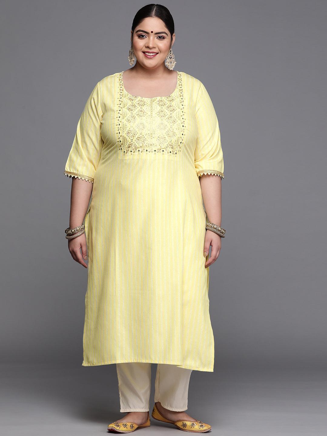 Plus Size Yellow Yoke Design Cotton Silk Kurta - ShopLibas