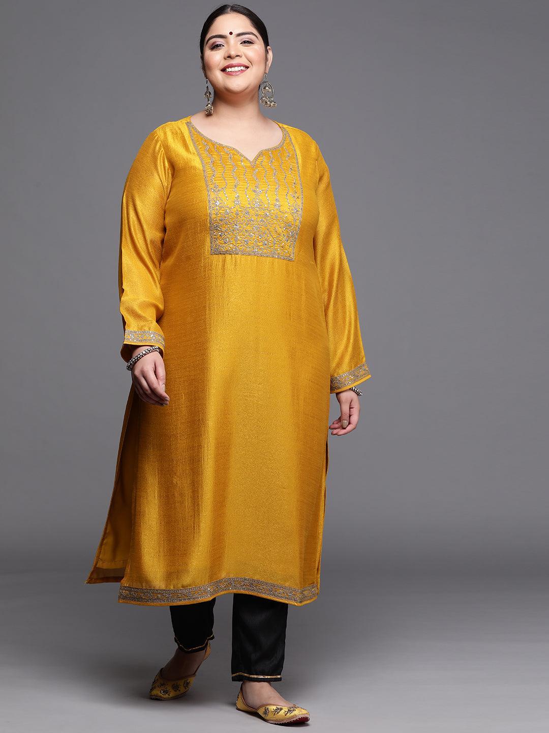 Plus Size Yellow Yoke Design Silk Kurta - ShopLibas