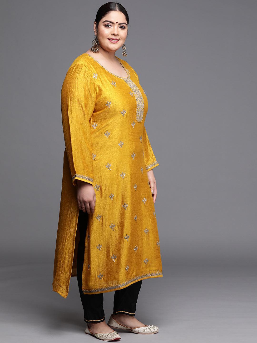 Plus Size Yellow Yoke Design Silk Kurta - ShopLibas 