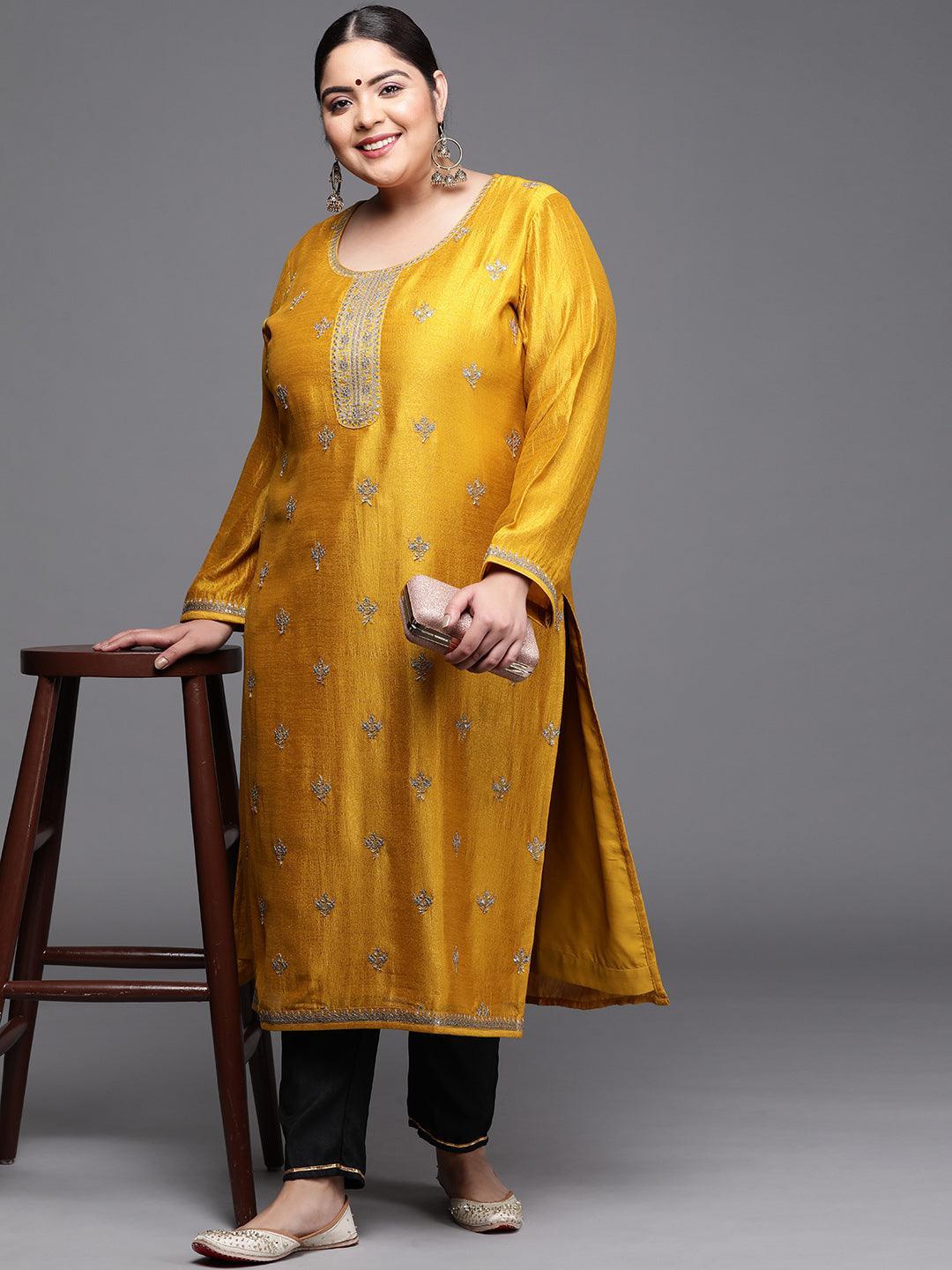 Plus Size Yellow Yoke Design Silk Kurta - ShopLibas 