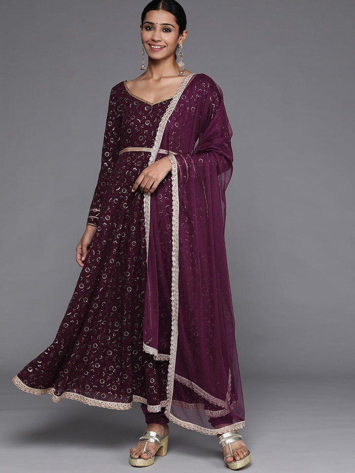 Purple Embroidered Georgette Anarkali Suit Set With Churidar - Libas