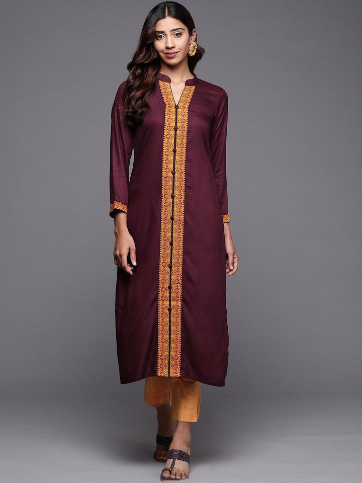 Purple Embroidered Pashmina Wool Straight Kurta - Libas