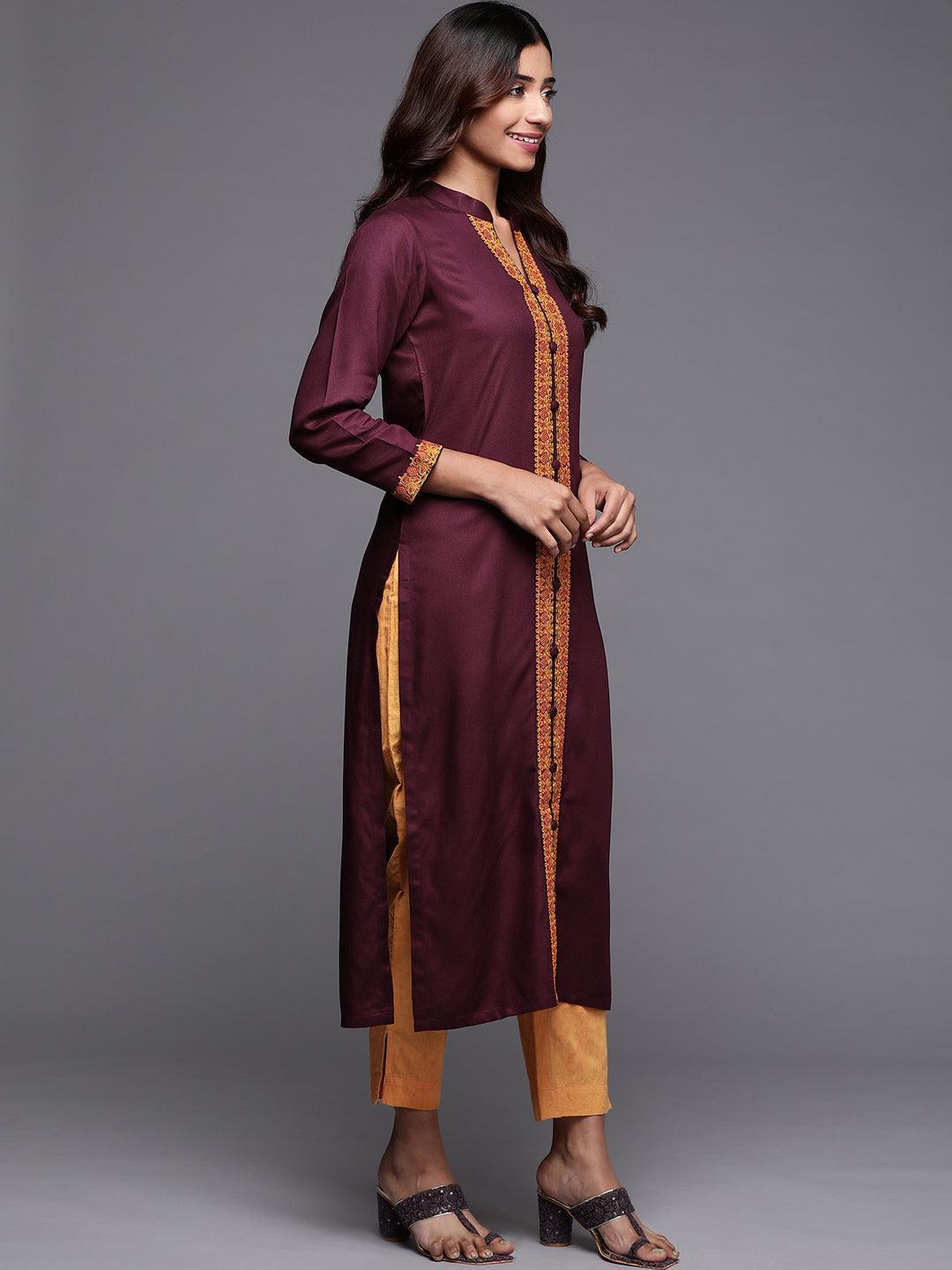 Purple Embroidered Pashmina Wool Straight Kurta - Libas