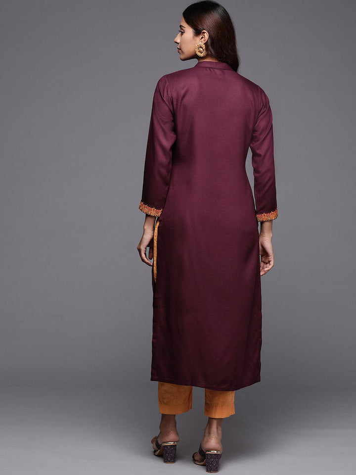 Purple Embroidered Pashmina Wool Straight Kurta - Libas