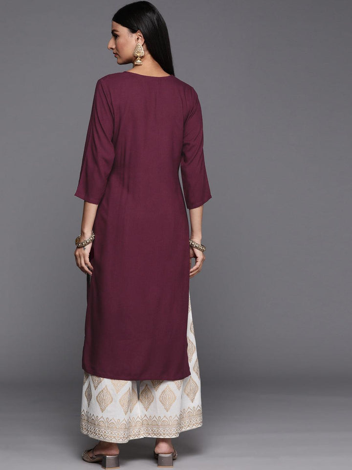 Purple Embroidered Rayon Straight Kurta - ShopLibas