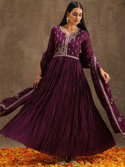 Purple Embroidered Silk Blend Anarkali Suit Set With Trousers - ShopLibas