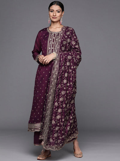 Purple Embroidered Silk Blend Straight Suit Set - ShopLibas