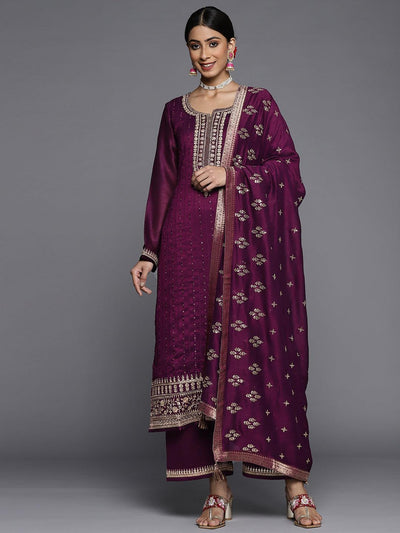 Purple Embroidered Silk Blend Straight Suit Set - ShopLibas
