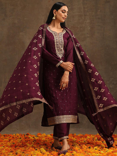 Purple Embroidered Silk Blend Suit Set With Trousers - ShopLibas