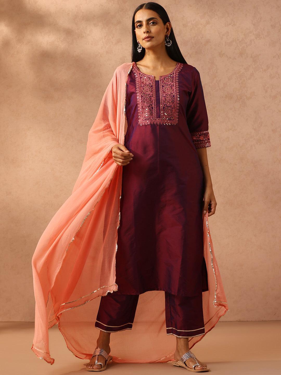 Purple Embroidered Silk Blend Suit Set With Trousers - ShopLibas 