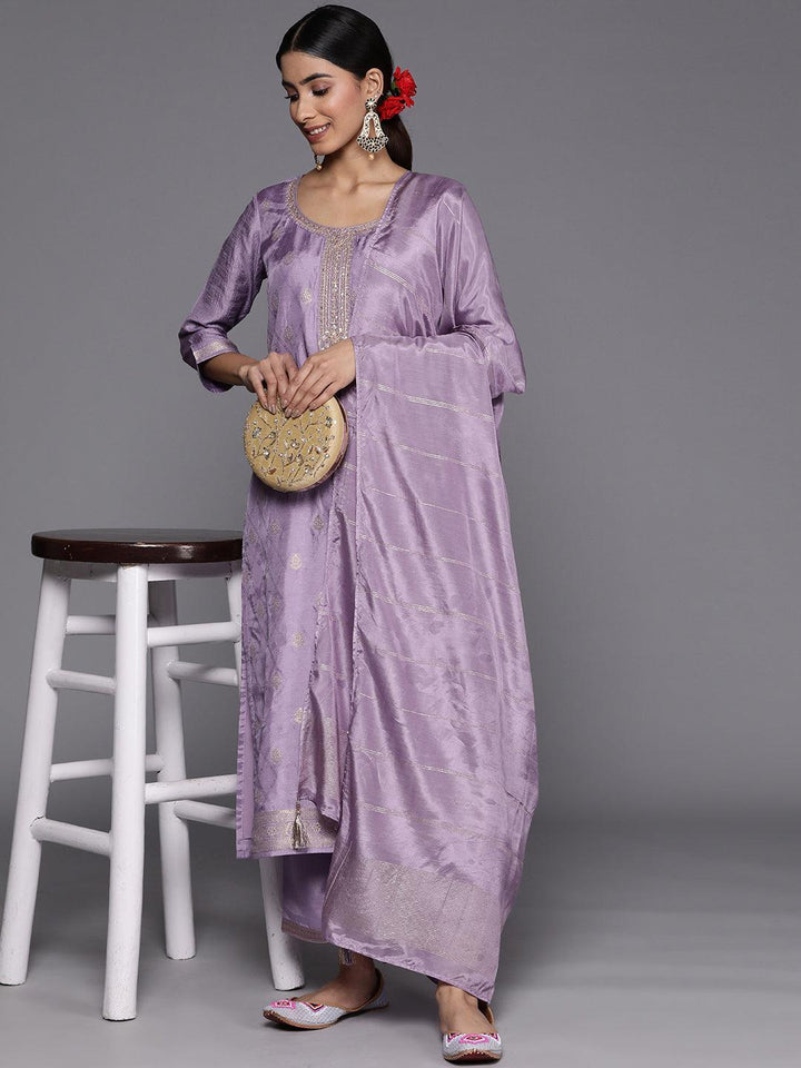 Purple Embroidered Silk Blend Suit Set With Trousers