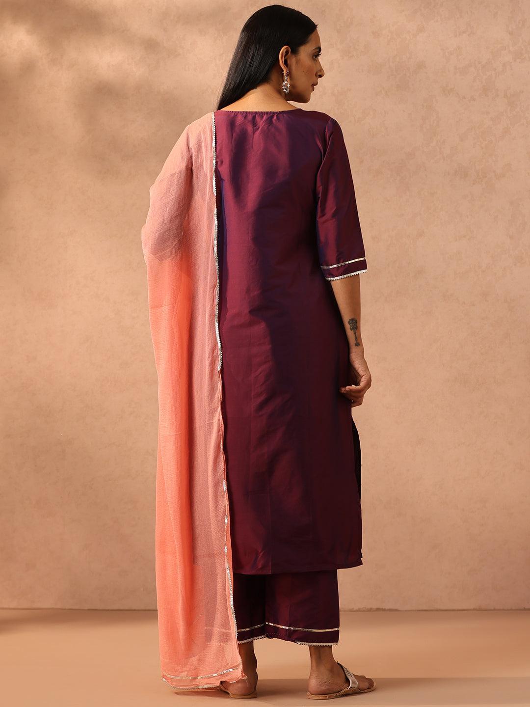 Purple Embroidered Silk Blend Suit Set With Trousers - ShopLibas 
