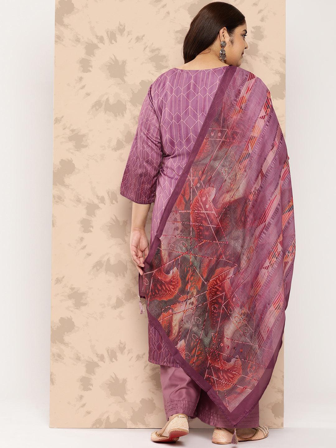 Purple Embroidered Silk Blend Straight Kurta With Trousers and Dupatta - Libas 