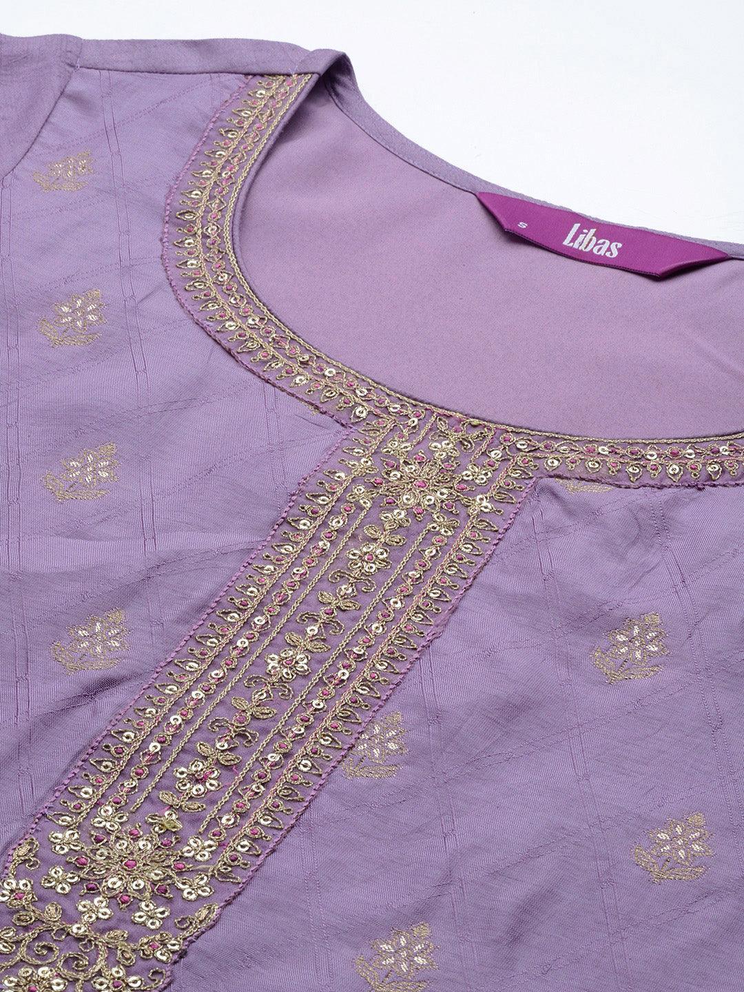 Purple Embroidered Silk Blend Suit Set With Trousers - ShopLibas 