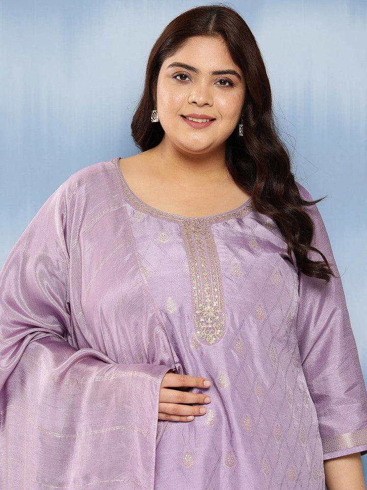 Purple Embroidered Silk Blend Straight Kurta With Trousers and Dupatta