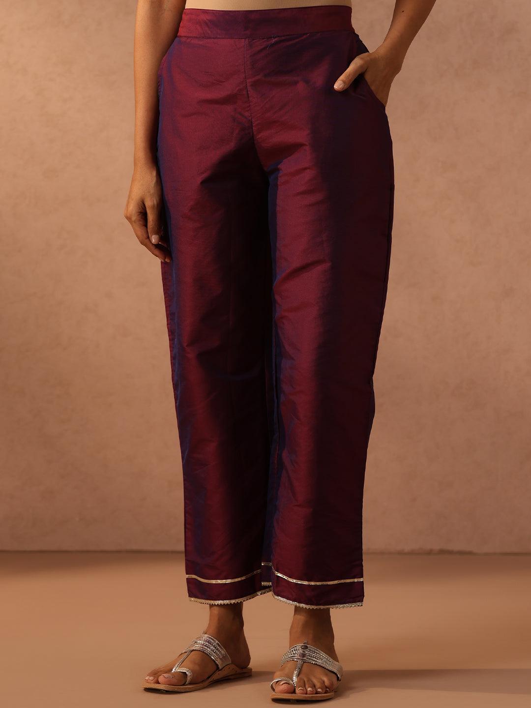 Purple Embroidered Silk Blend Suit Set With Trousers - ShopLibas 