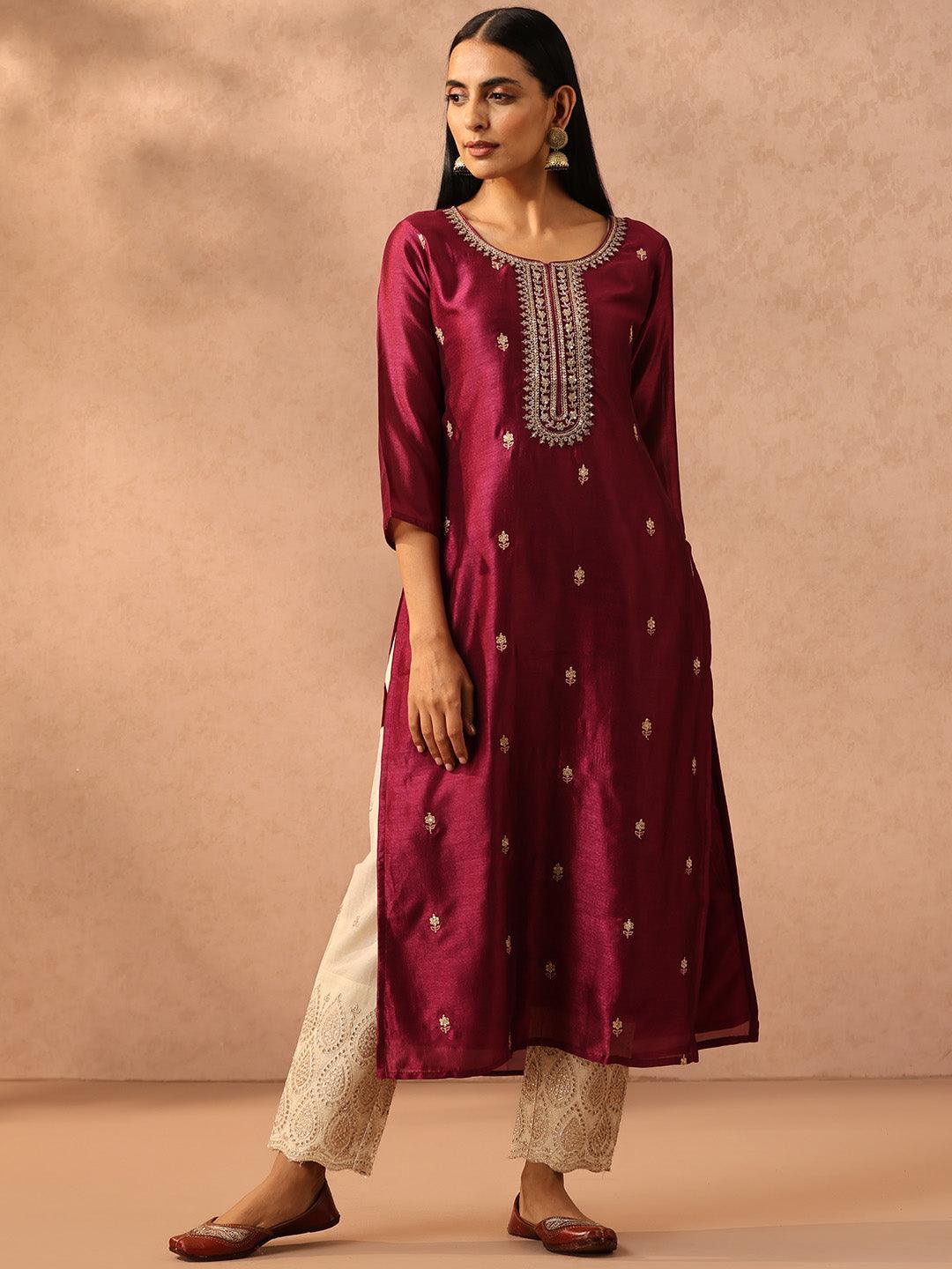 Purple Embellished Silk Straight Kurta - ShopLibas