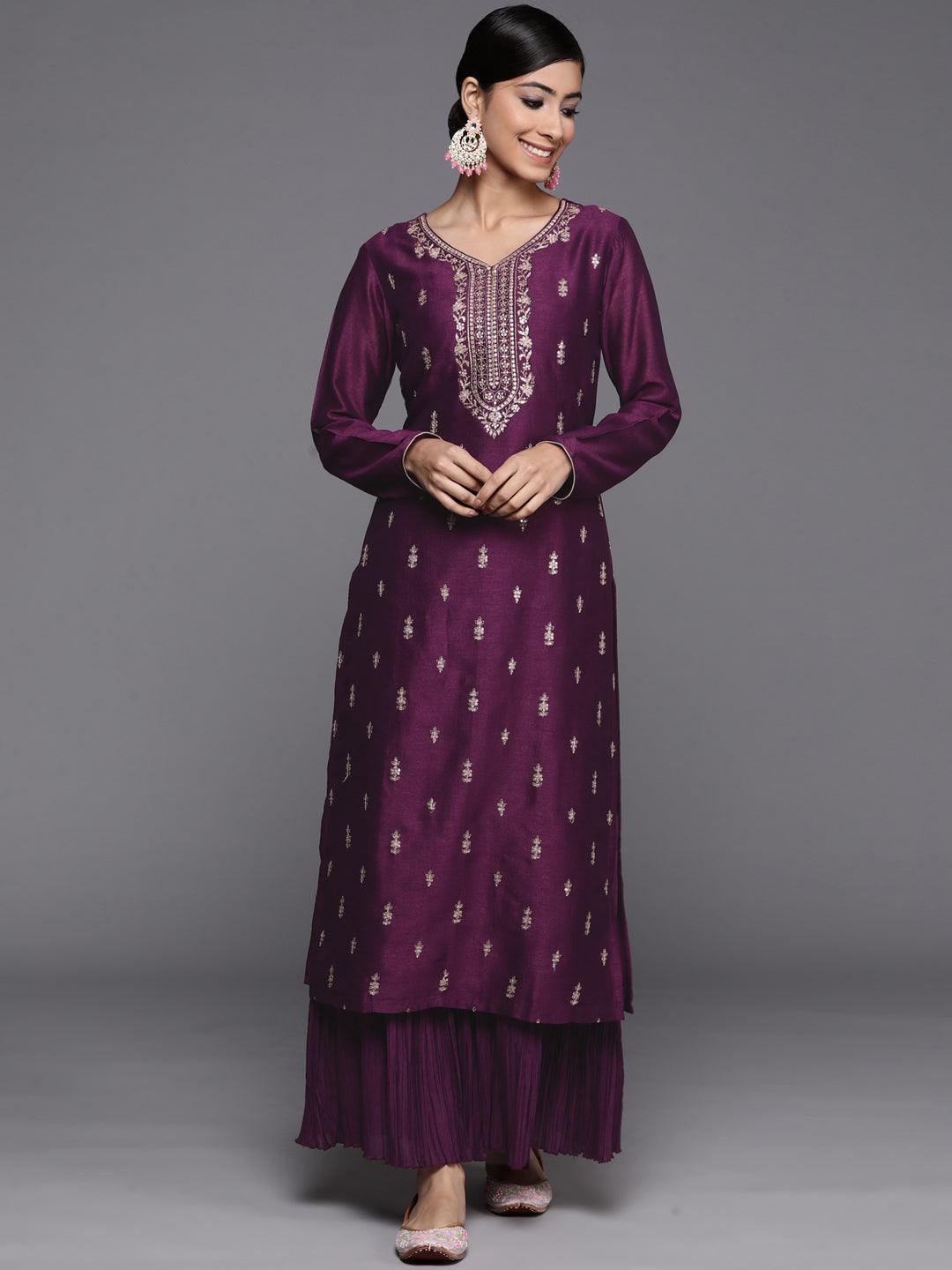 Purple Embroidered Silk Straight Kurta - ShopLibas