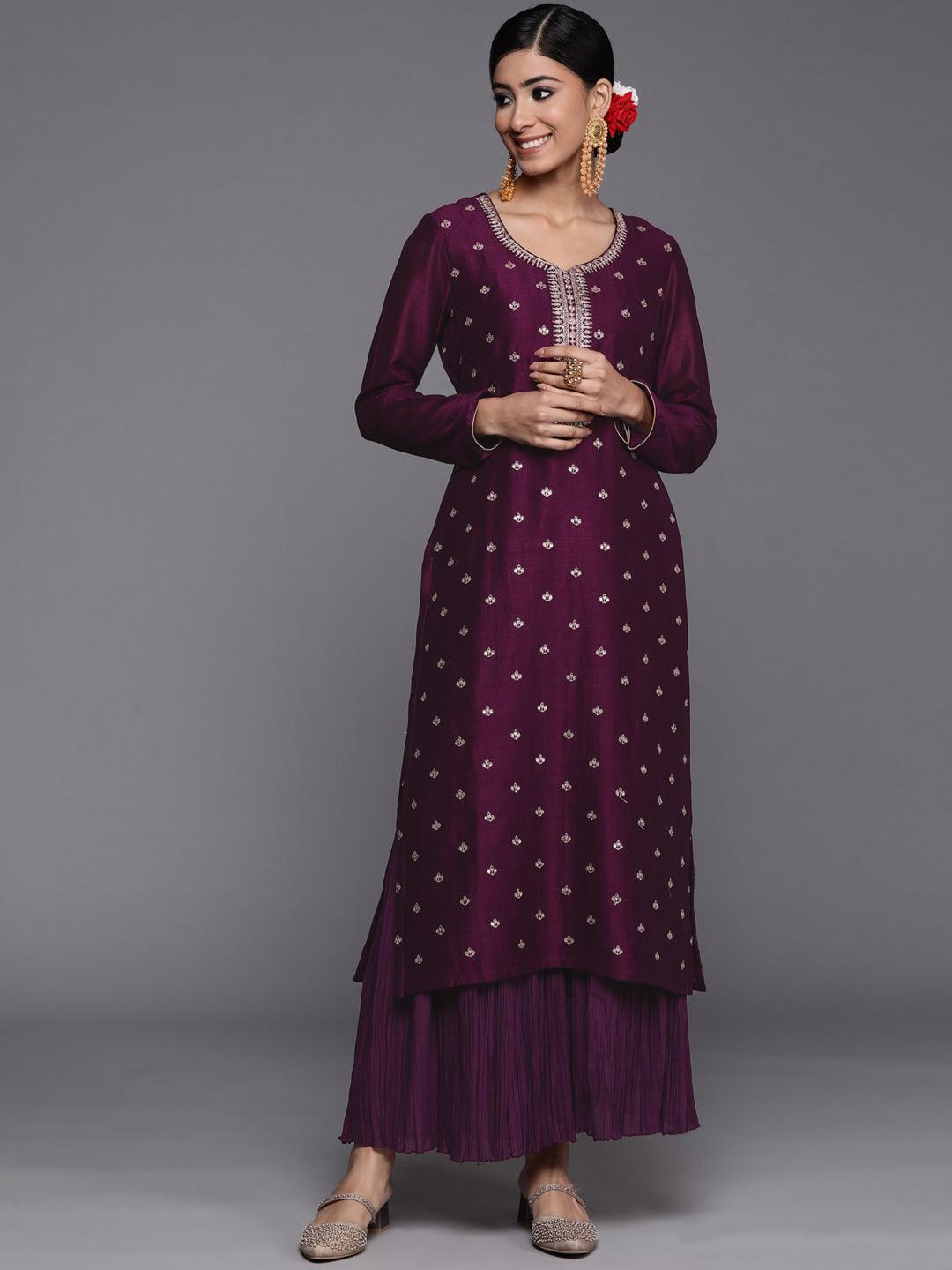 Purple Embroidered Silk Straight Kurta - ShopLibas