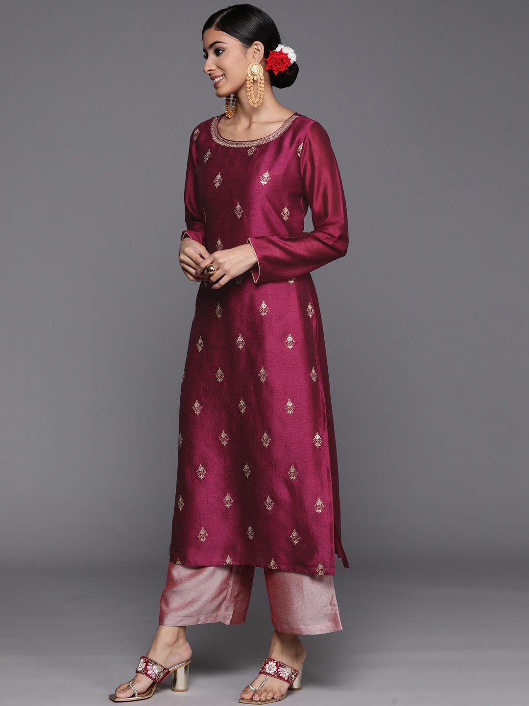 Purple Embroidered Silk Straight Kurta - ShopLibas 