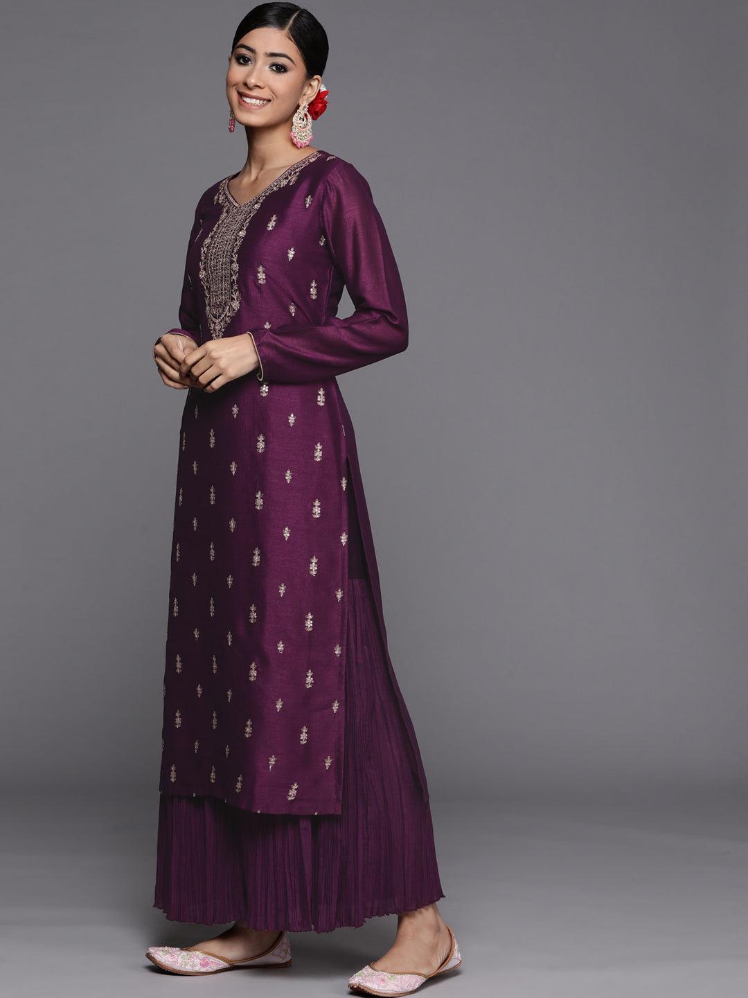 Purple Embroidered Silk Straight Kurta - ShopLibas 
