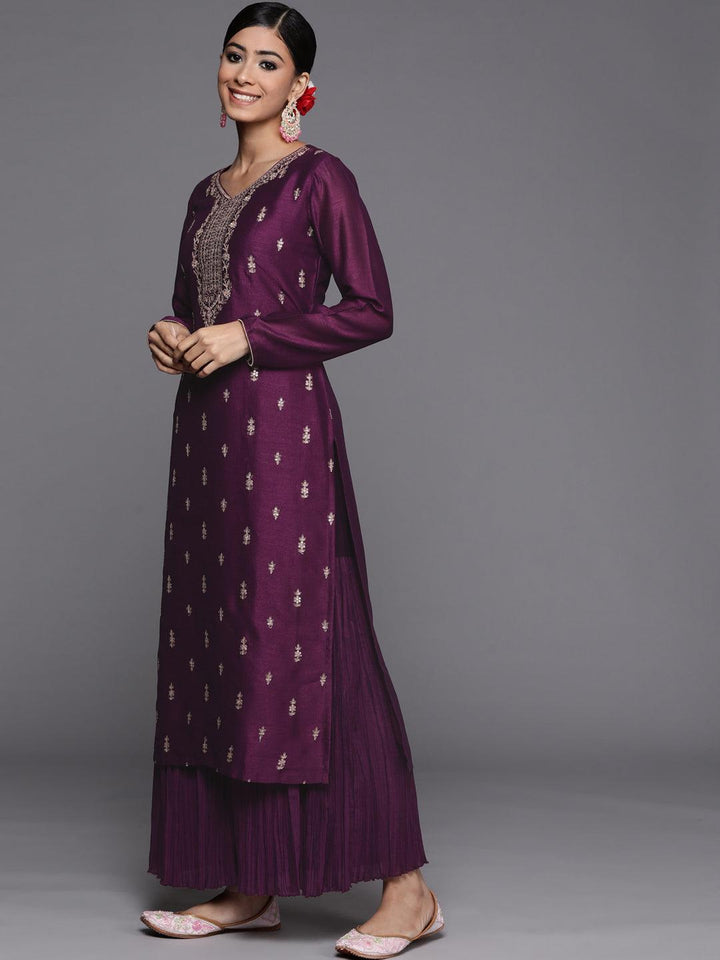Purple Embroidered Silk Straight Kurta