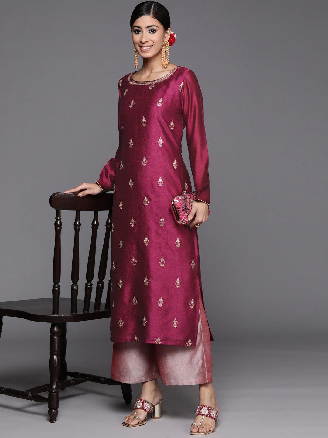 Purple Embroidered Silk Straight Kurta - ShopLibas 