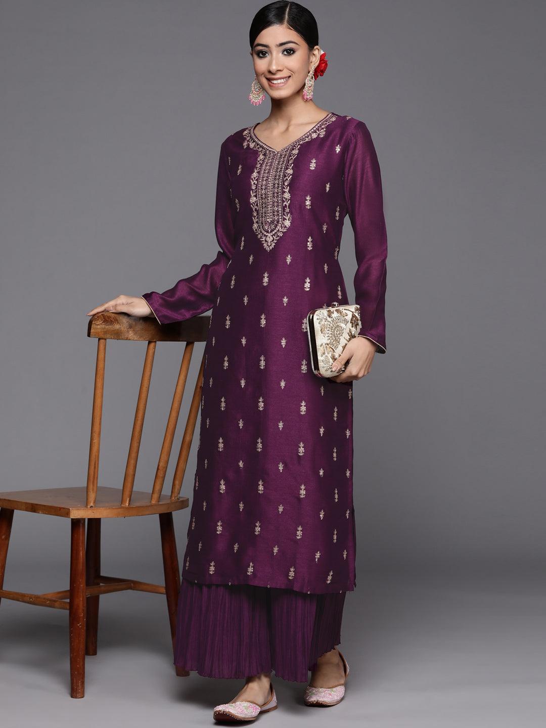 Purple Embroidered Silk Straight Kurta - ShopLibas 