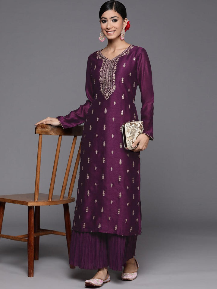 Purple Embroidered Silk Straight Kurta
