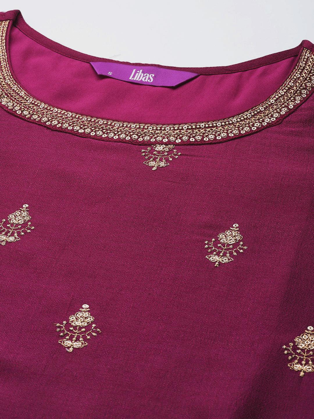 Purple Embroidered Silk Straight Kurta - ShopLibas 