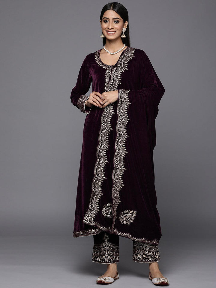 Purple Embroidered Velvet A-Line Suit Set